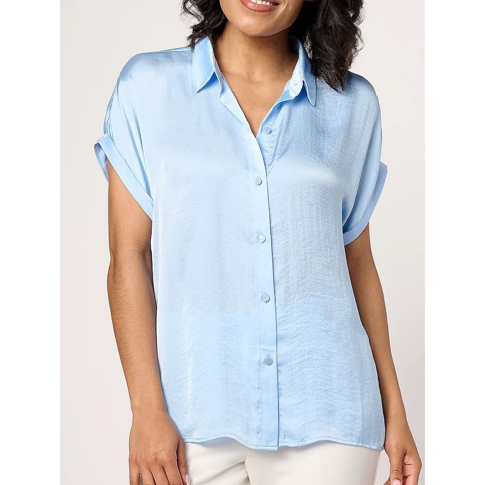 Dennis Basso Woven Satin Camp Shirt w/ Rolled Sleeves -‎ Blue Breeze - Size 1X